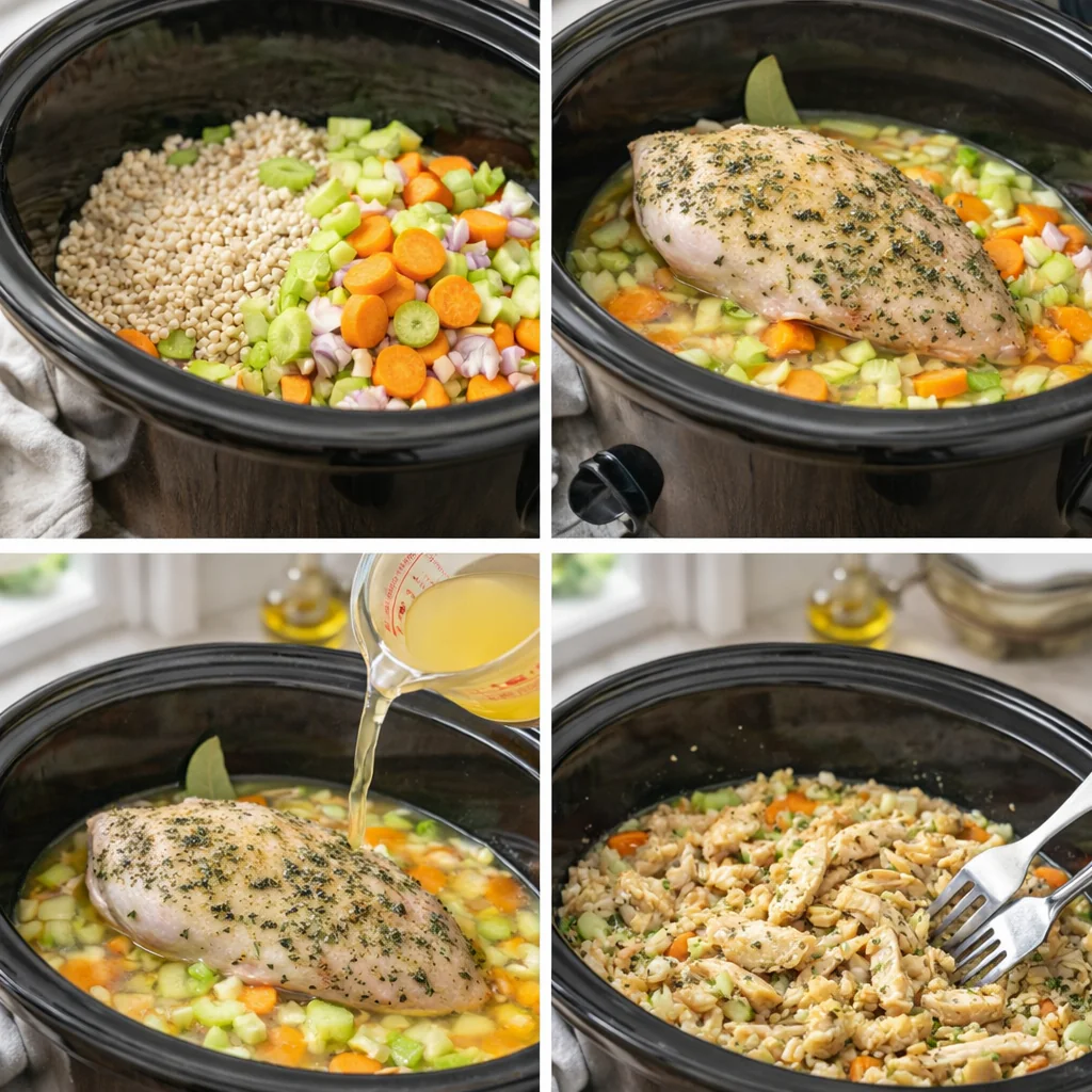 Slow cooker with cooked citrus herb chicken and barley being served