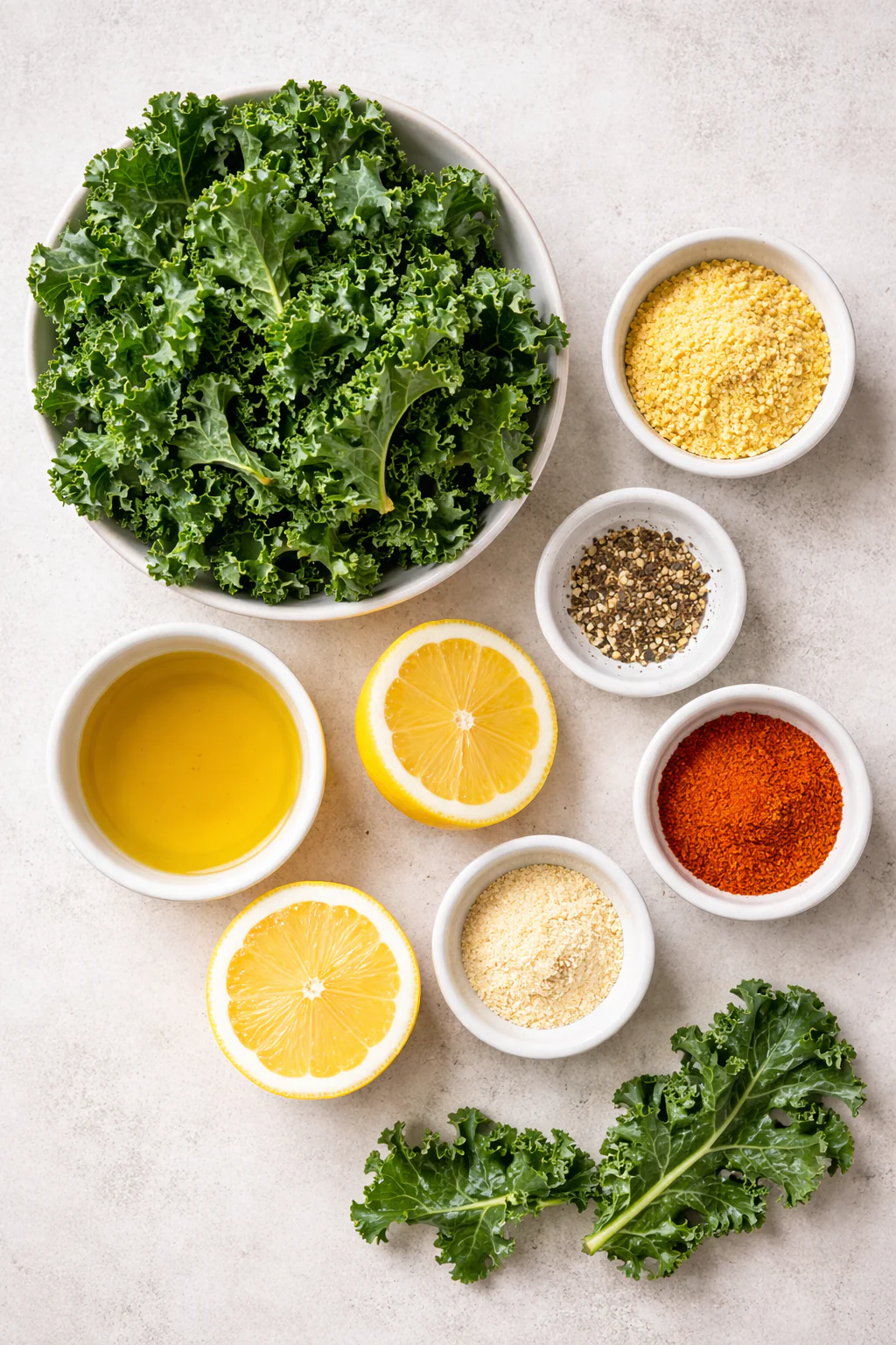 Ingredients for low sodium kale chips arranged on a counter