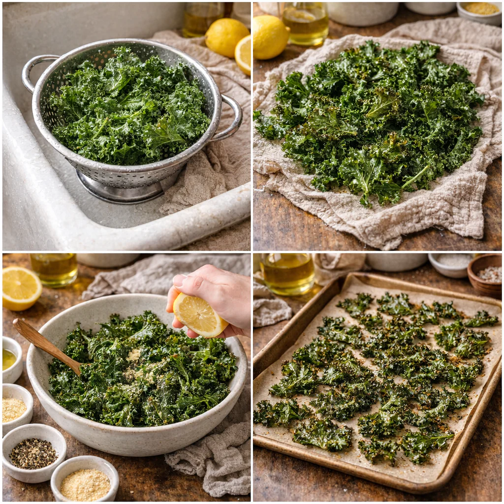 Preparing kale chips on a baking sheet
