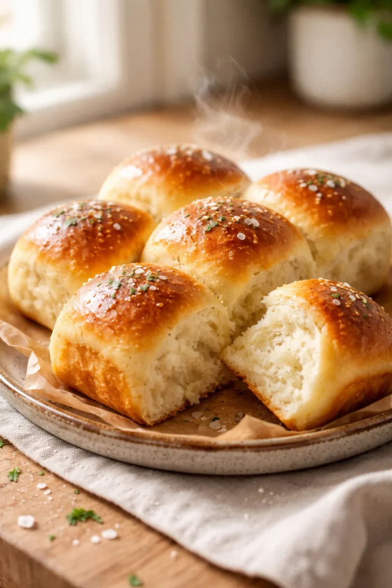 Soft no knead dinner rolls on a rustic plate with one roll torn open showing fluffy texture