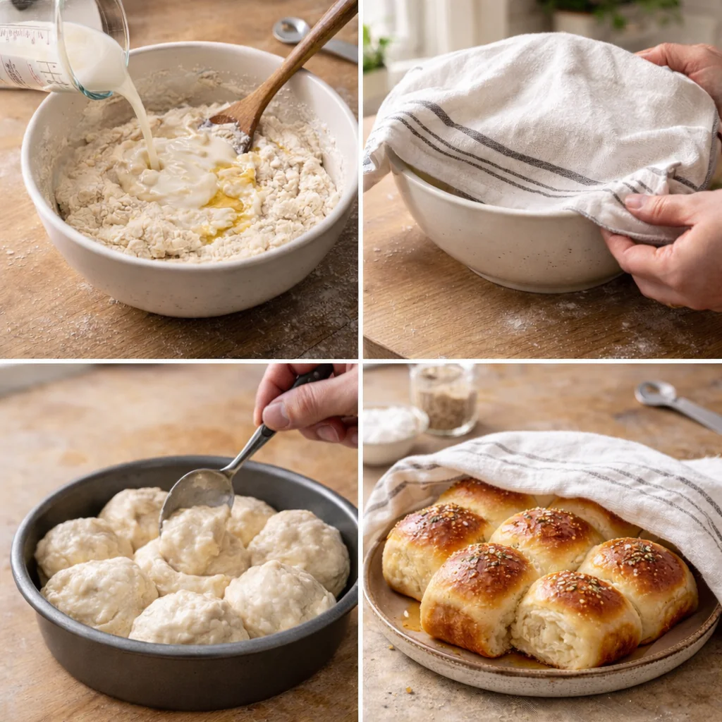 Step by step preparation of no-knead rolls
