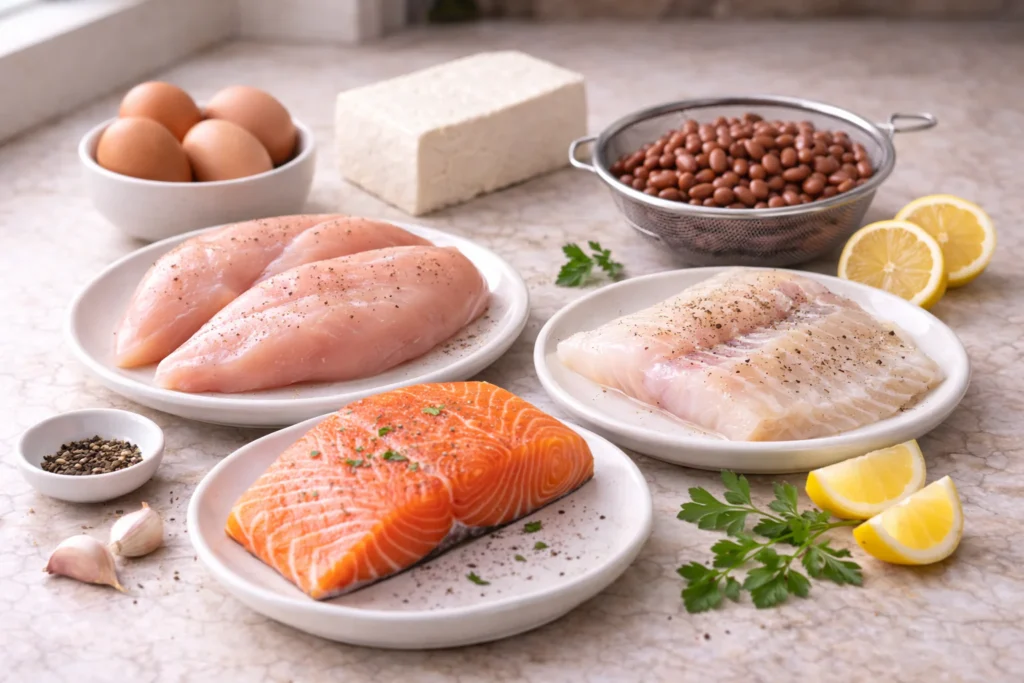 Low sodium protein options like chicken, fish, eggs, and beans arranged on a countertop with lemon and herbs
