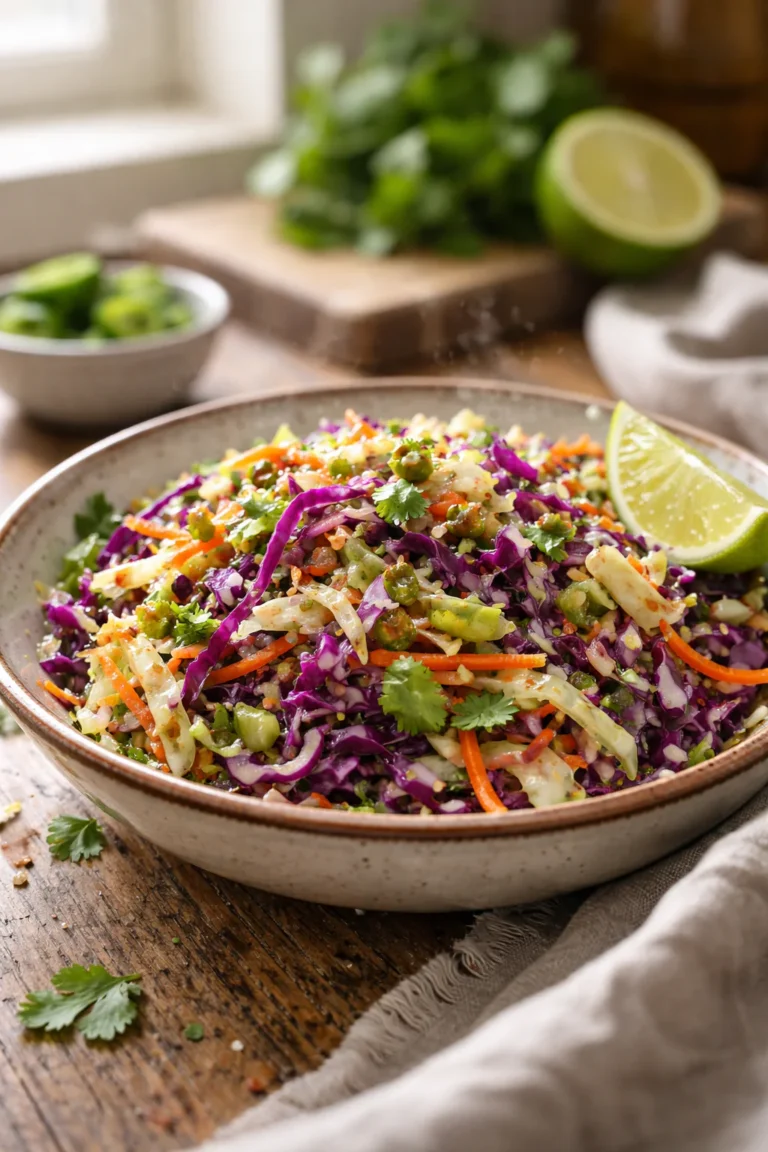 mexican cabbage slaw with lime cilantro in bowl