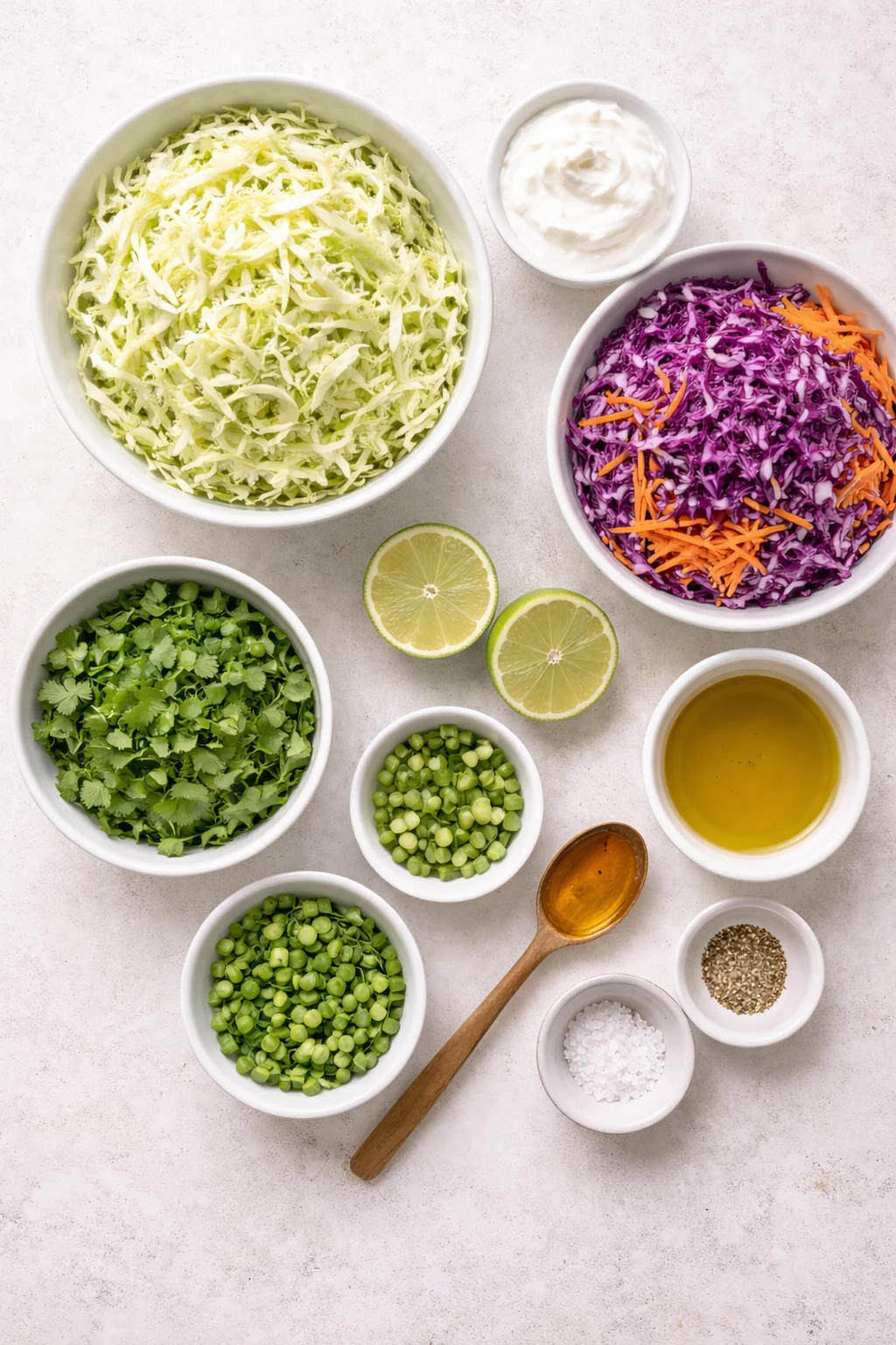 Ingredients for Mexican cabbage slaw laid out on a board