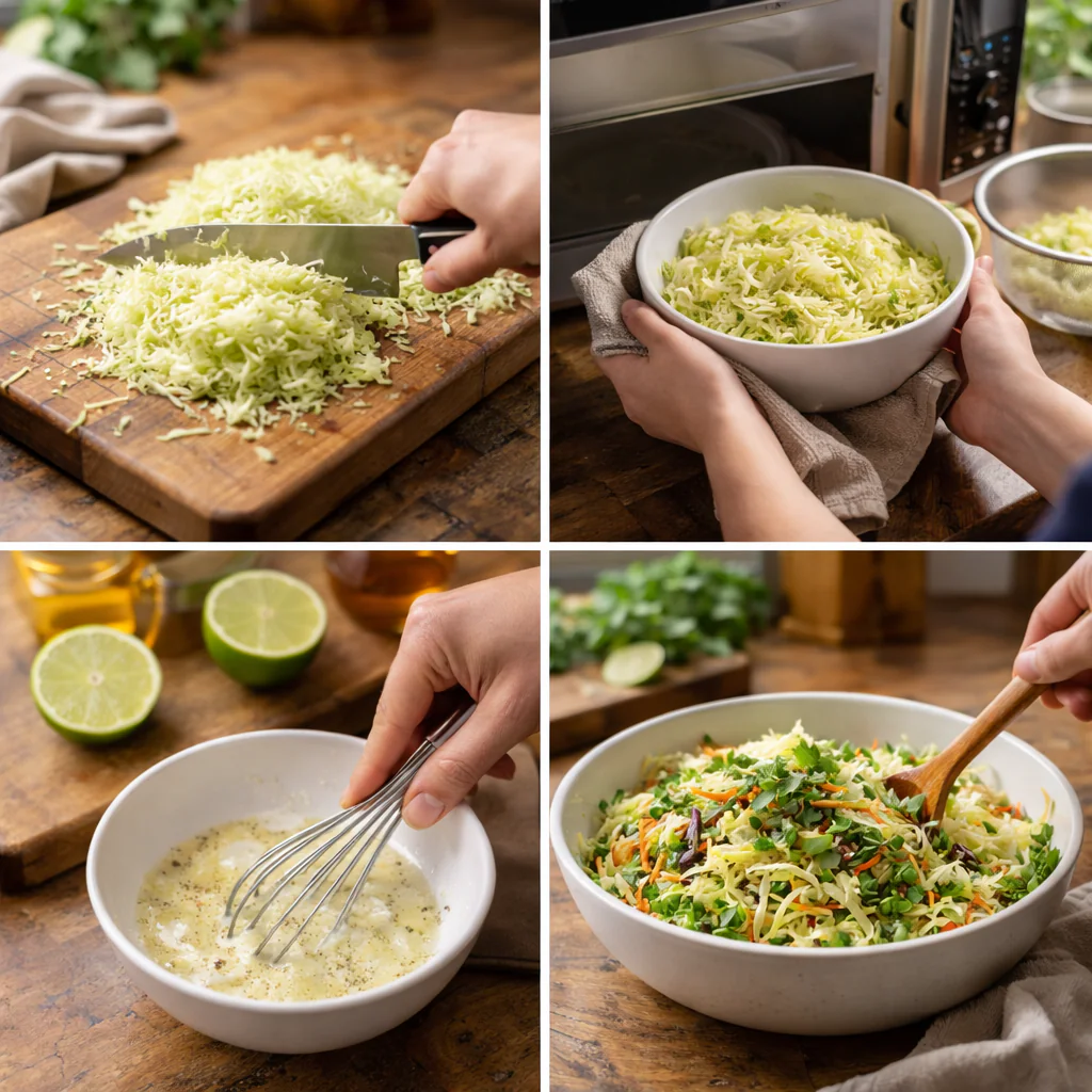 Hands tossing cabbage slaw with dressing