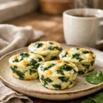 Mini egg white and spinach frittata cups on a rustic plate in a cozy kitchen with natural light