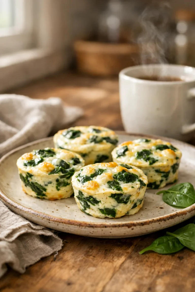 Mini egg white and spinach frittata cups on a rustic plate in a cozy kitchen with natural light