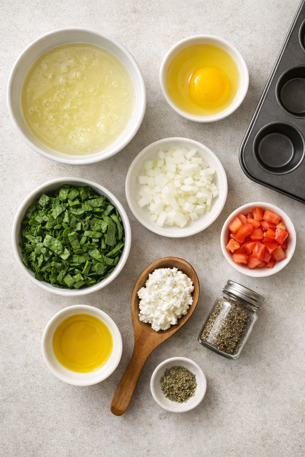 Ingredients for mini egg white and spinach frittata cups