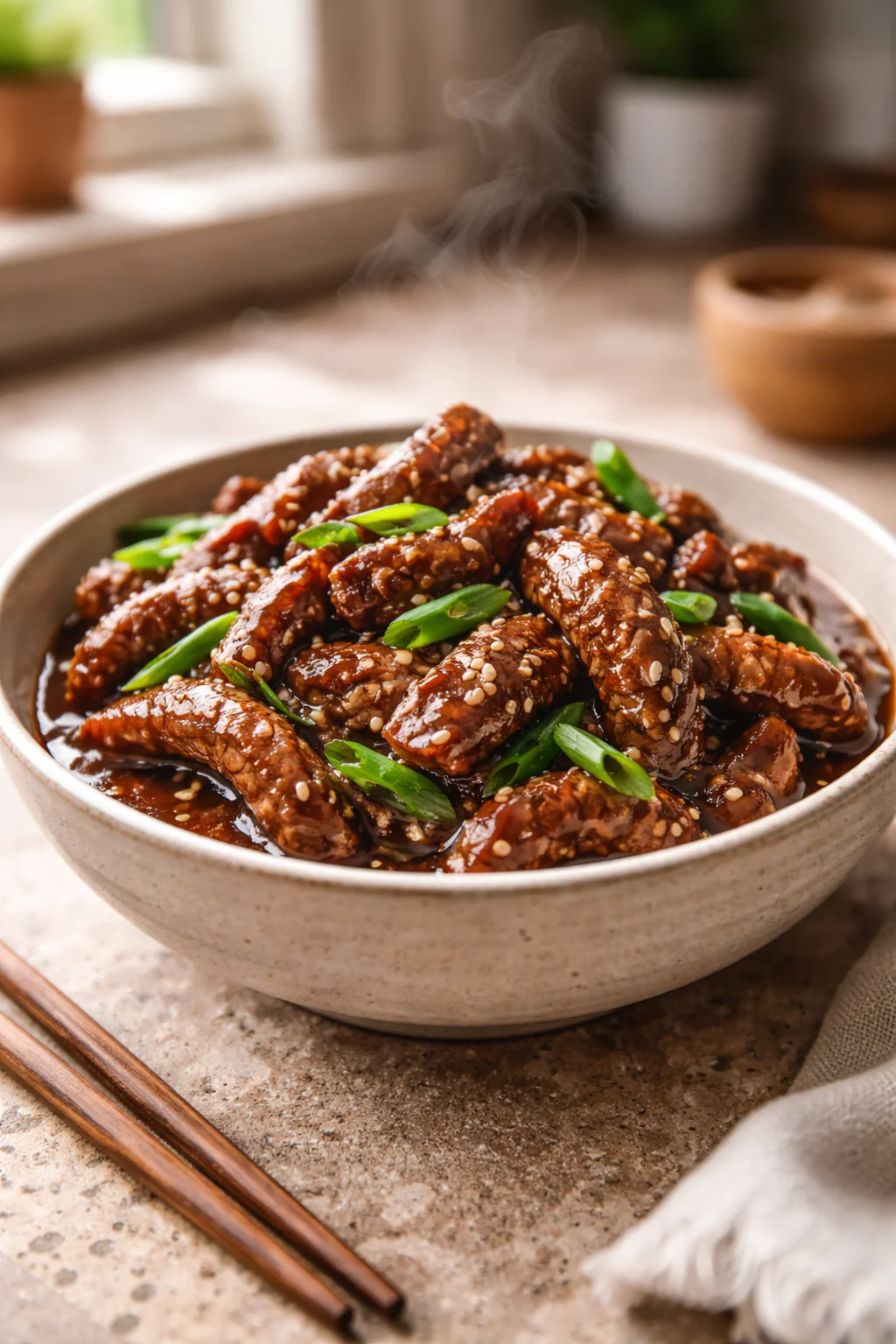 Skillet with Mongolian beef and green onions