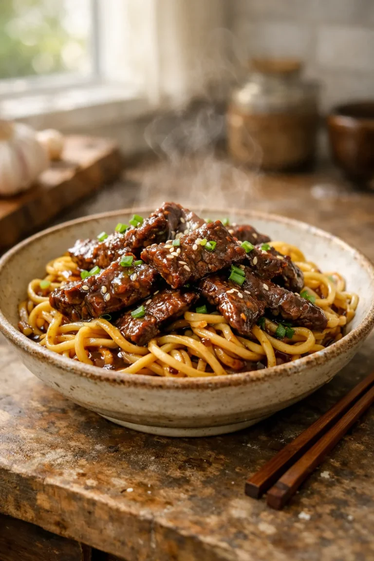 Mongolian beef noodles in a bowl with glossy sauce and green onions