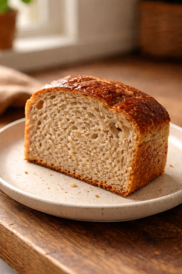 Slice of small batch whole wheat loaf on a plate in a cozy home kitchen