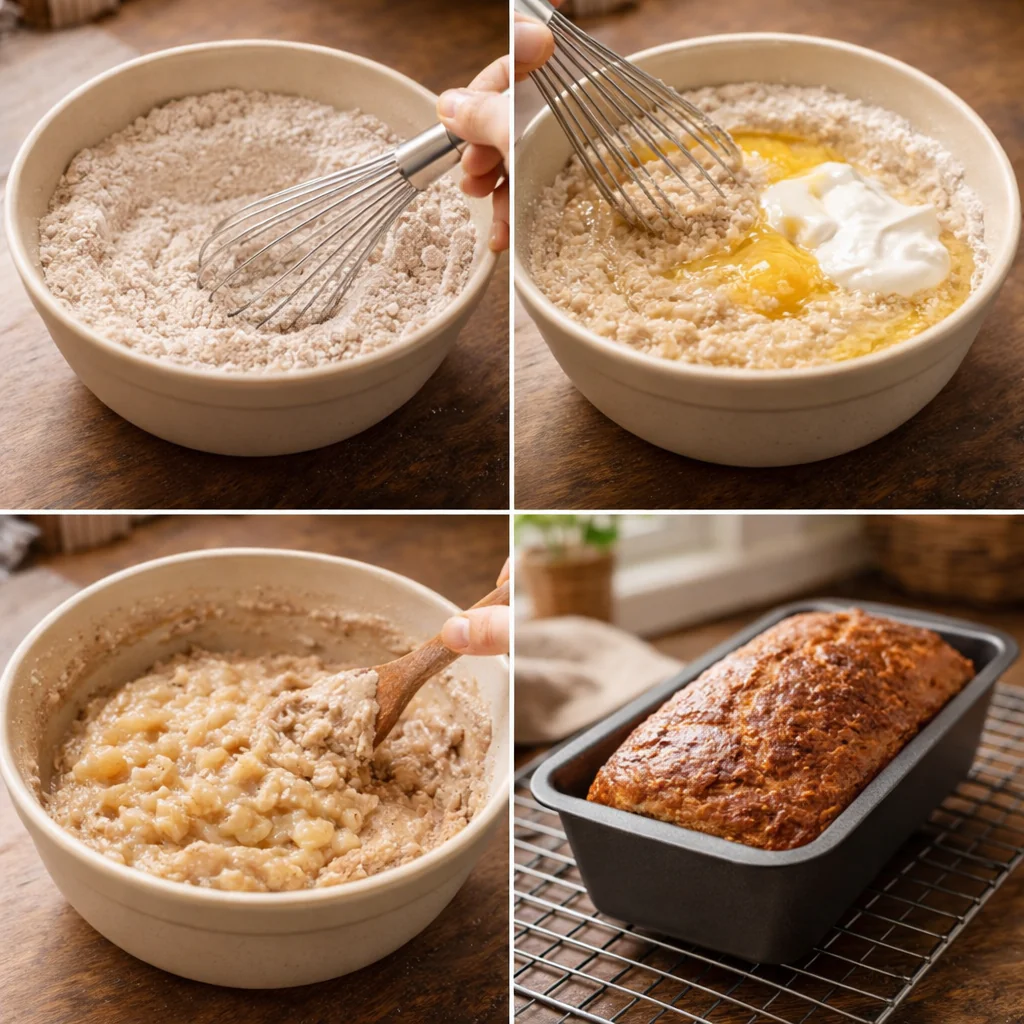 Batter being poured into a small loaf pan