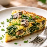 Small slice of spinach and mushroom frittata on a white plate in a cozy home kitchen