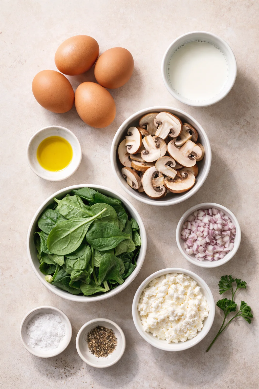 Ingredients for spinach mushroom frittata arranged on a board