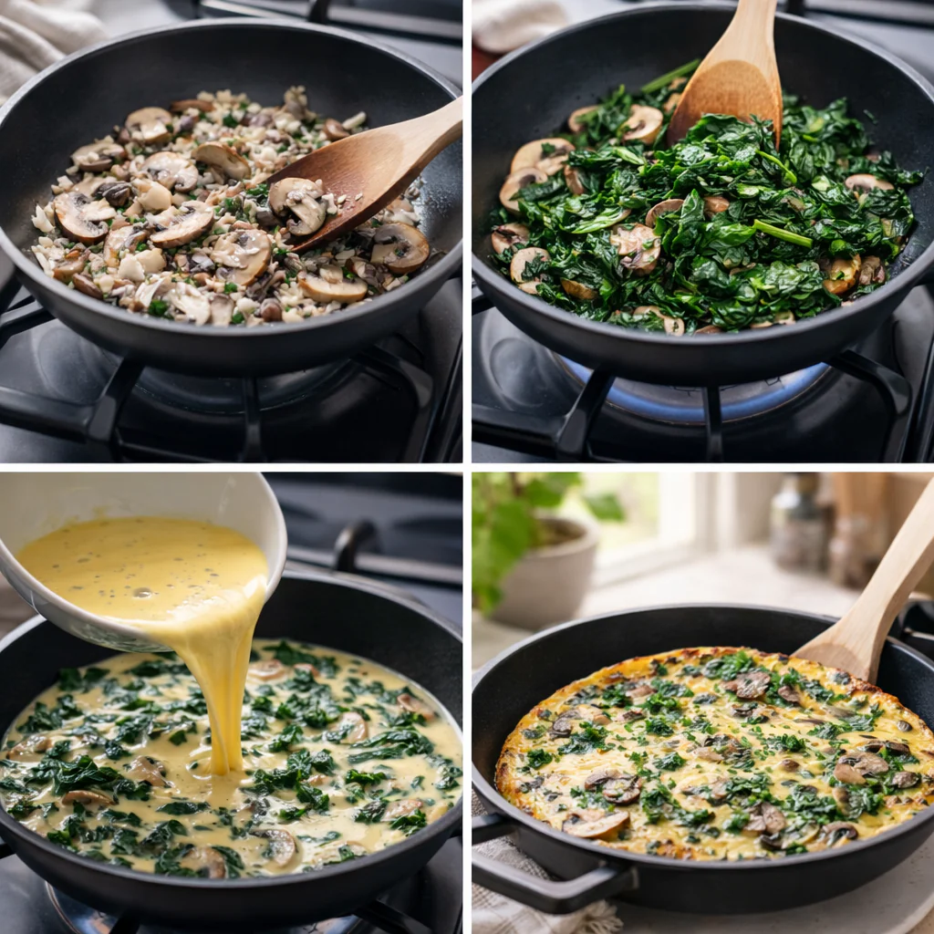 Cooking steps for making the frittata in a skillet