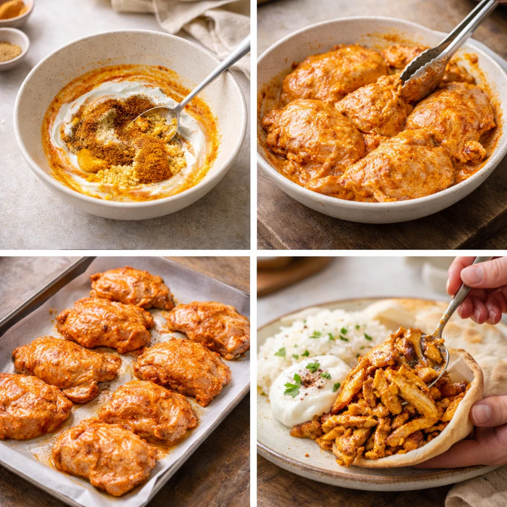 Baked chicken shawarma on a baking sheet