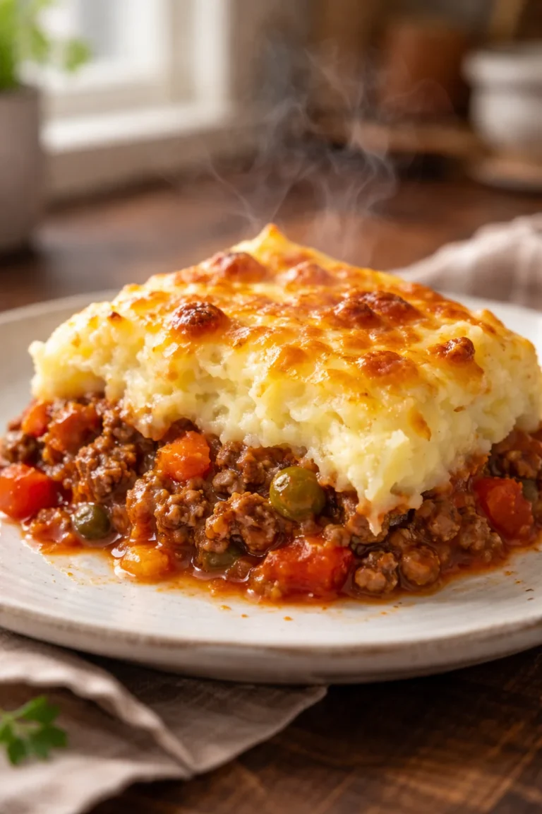 Potato topped ground beef and tomato casserole served warm in a cozy home kitchen