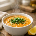 Red lentil coconut milk soup in a white bowl with herbs and lemon