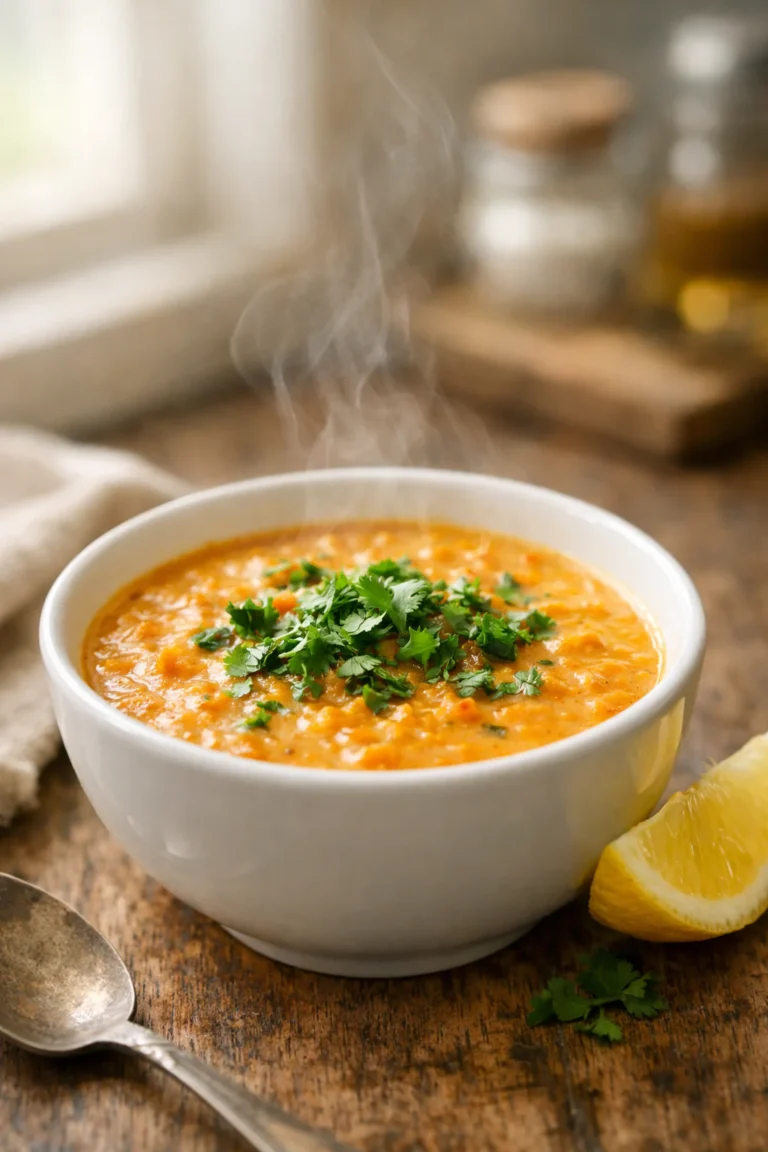 Red lentil coconut milk soup in a white bowl with herbs and lemon