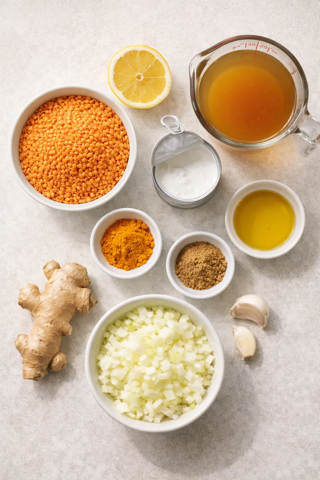 Ingredients laid out for red lentil soup