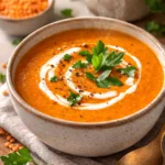 creamy red lentil soup in bowl with yogurt swirl and parsley