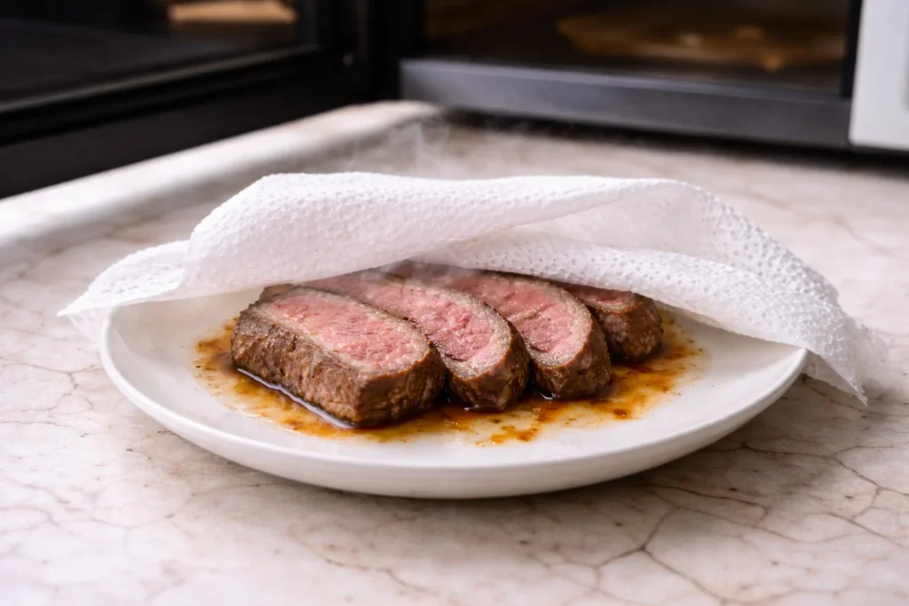 Best way to reheat a filet mignon 5 Sliced filet mignon on a microwave-safe plate with a splash of broth, loosely covered for gentle reheating