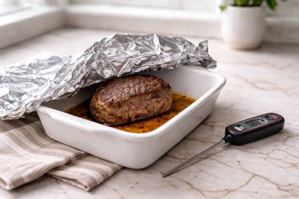 Best way to reheat a filet mignon 2 Filet mignon reheating in a small baking dish with broth, loosely covered with foil for the low oven method