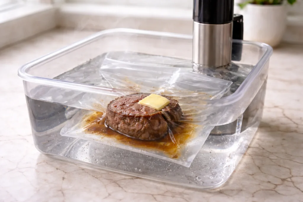 Best way to reheat a filet mignon 4 Filet mignon sealed in a sous vide bag reheating in a warm water bath with an immersion circulator