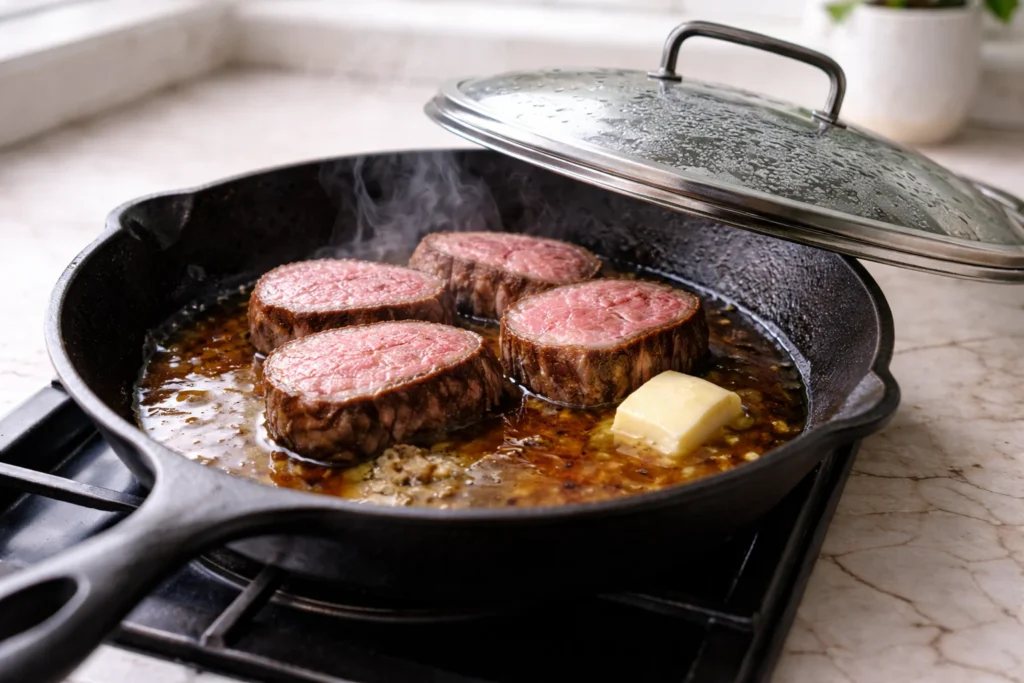 Best way to reheat a filet mignon 3 Sliced filet mignon warming gently in a skillet with butter and a splash of beef broth on low heat