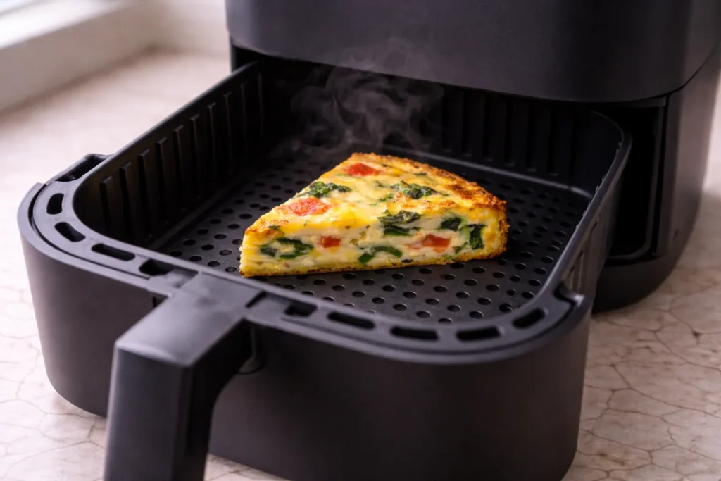 Frittata slice reheating in an air fryer basket with lightly browned edges and steam rising Caption: Air fryer reheats frittata quickly.