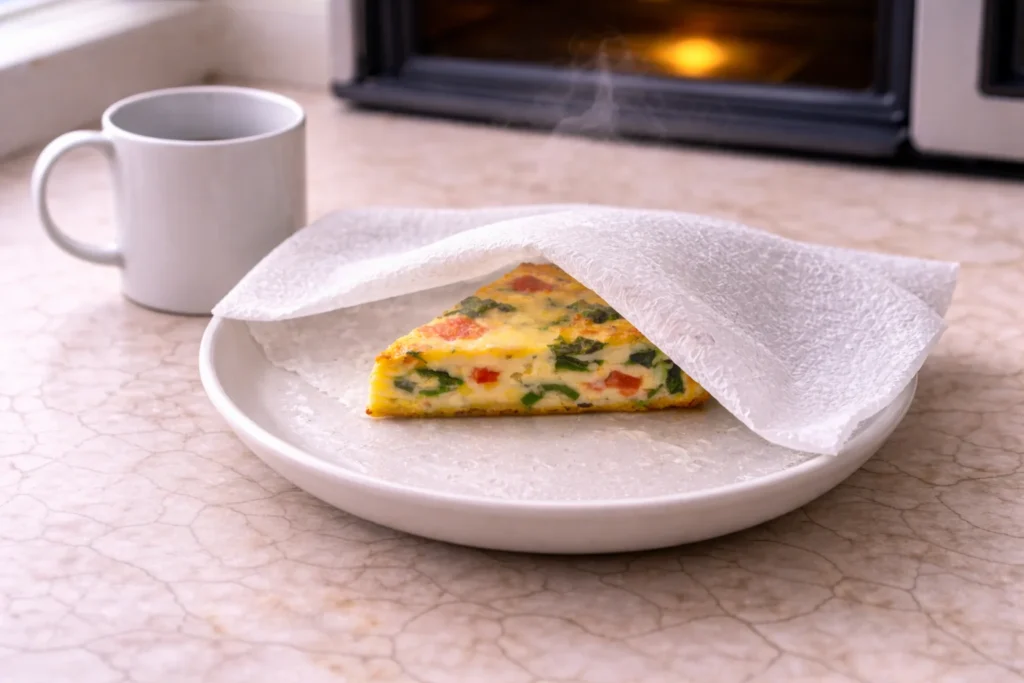 Frittata slice on a microwave-safe plate with a damp paper towel and a mug of water for gentle reheating