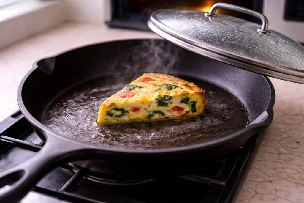 Frittata slice warming in a skillet with a lid and a small amount of water to create gentle steam
