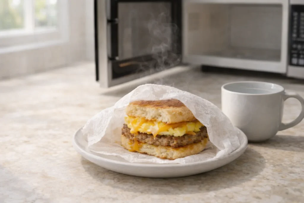 How to reheat frozen breakfast sandwich 2 Frozen breakfast sandwich reheating in the microwave with a damp paper towel and mug of water.