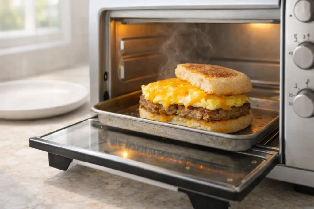 How to reheat frozen breakfast sandwich 5 Frozen breakfast sandwich reheating in a toaster oven on a tray with crispy English muffin and melted cheese.