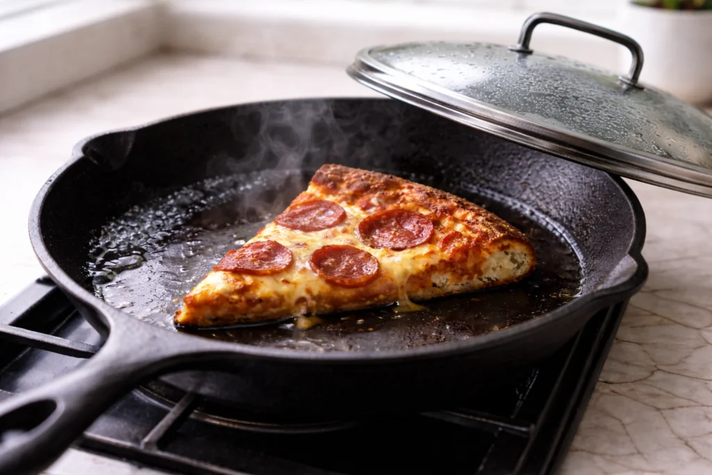 Pizza slice reheating in a skillet with a lid and a small splash of water to melt cheese and crisp the crust