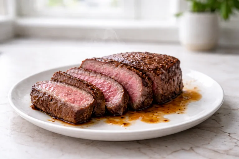 Sliced reheated filet mignon with a tender pink center and a drizzle of warm pan juices on a white plate