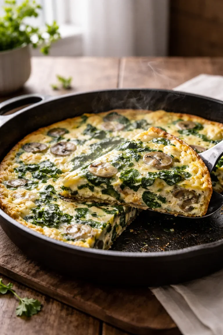 Small spinach and mushroom frittata baked in an 8-inch skillet with a golden edge and creamy egg center
