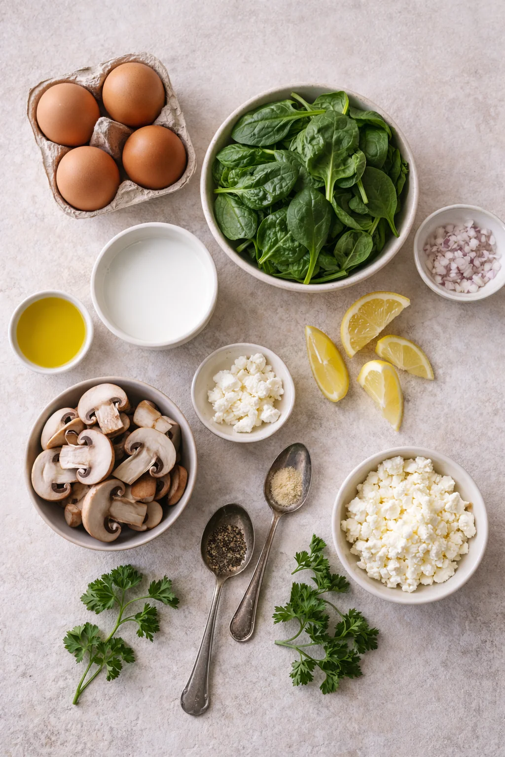 Ingredients for low sodium spinach mushroom frittata