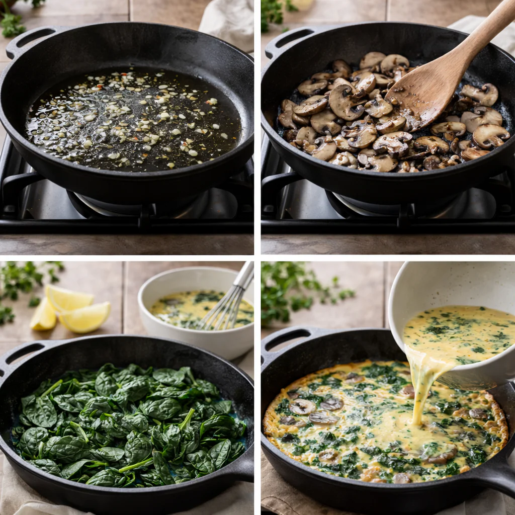 Cooking steps for spinach mushroom frittata