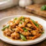 ginger chicken stir fry with carrots mushrooms and snap peas