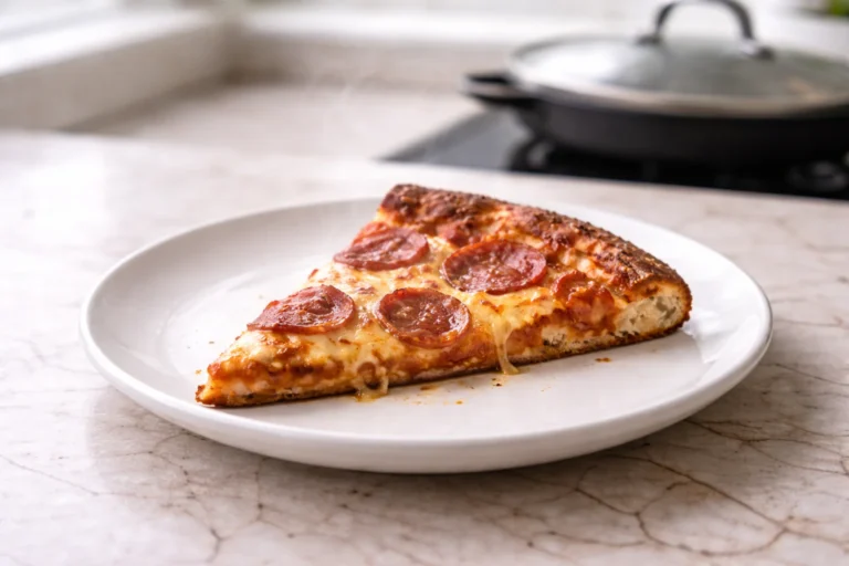 Reheated pizza slice with crispy crust and melted cheese on a white plate with light steam in a bright kitchen