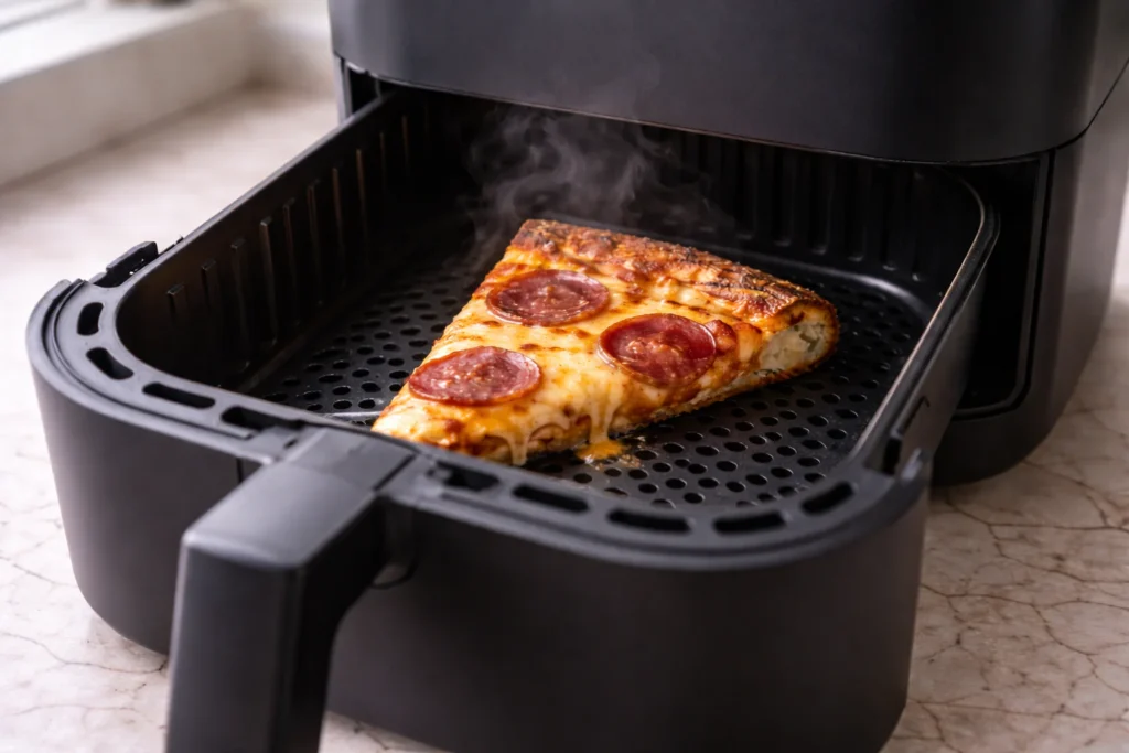 Pizza slice reheating in an air fryer basket with melted cheese and a crispy browned crust
