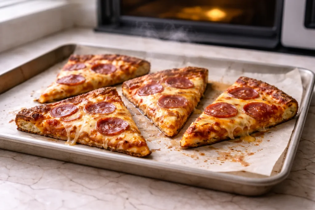 Leftover pizza slices warming on a baking sheet in the oven with melted bubbly cheese and lightly crisp crust