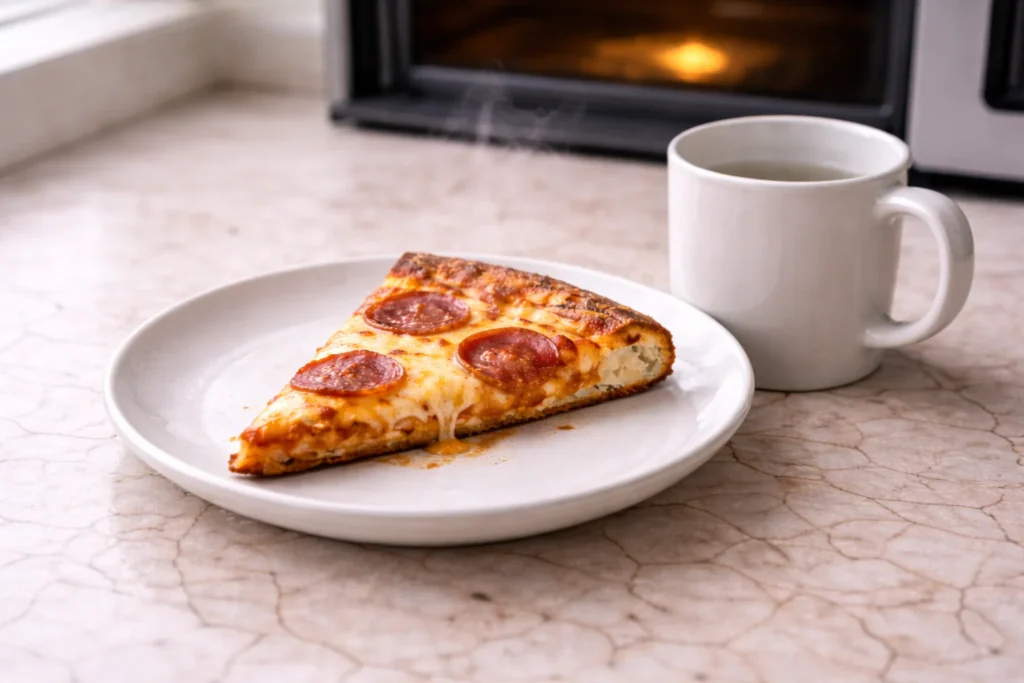 Pizza slice on a microwave-safe plate with a mug of water beside it to reduce sogginess when microwaving