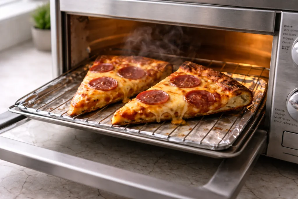One to two pizza slices reheating in a toaster oven with melted cheese and crisp crust edges