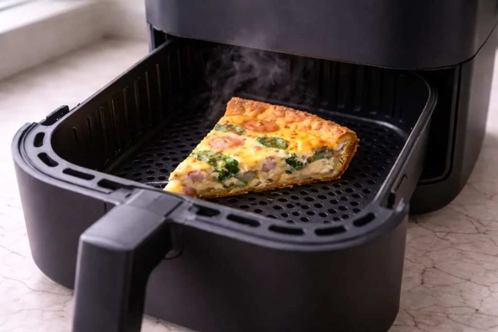 Quiche slice warming in an air fryer basket with a golden crisp crust and light steam rising