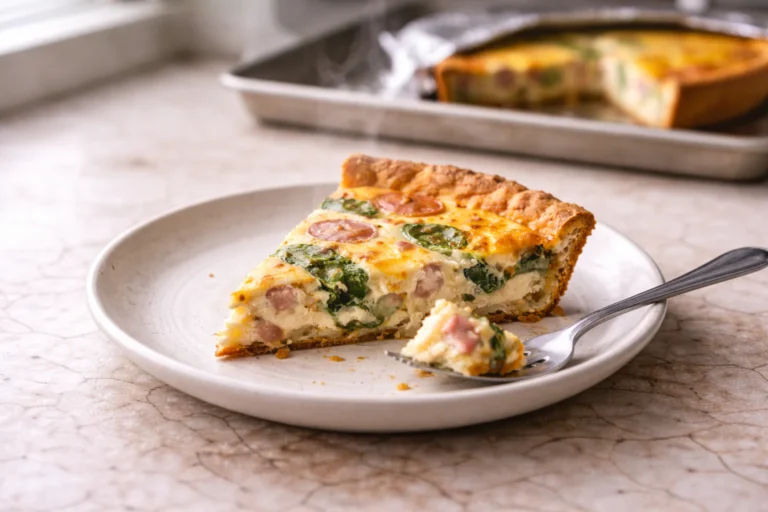 Warm quiche slice on a ceramic plate with a crisp golden crust and creamy filling, lightly steaming in natural window light