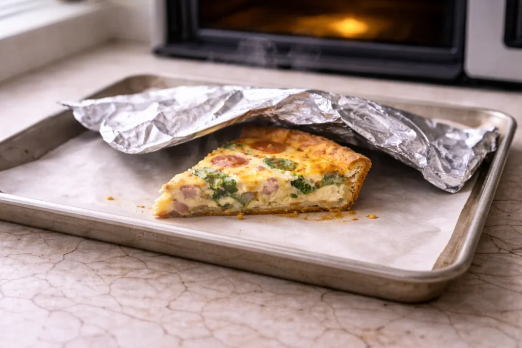 Quiche slice reheating on a baking sheet in the oven, loosely covered with foil, with a crisp golden crust and light steam