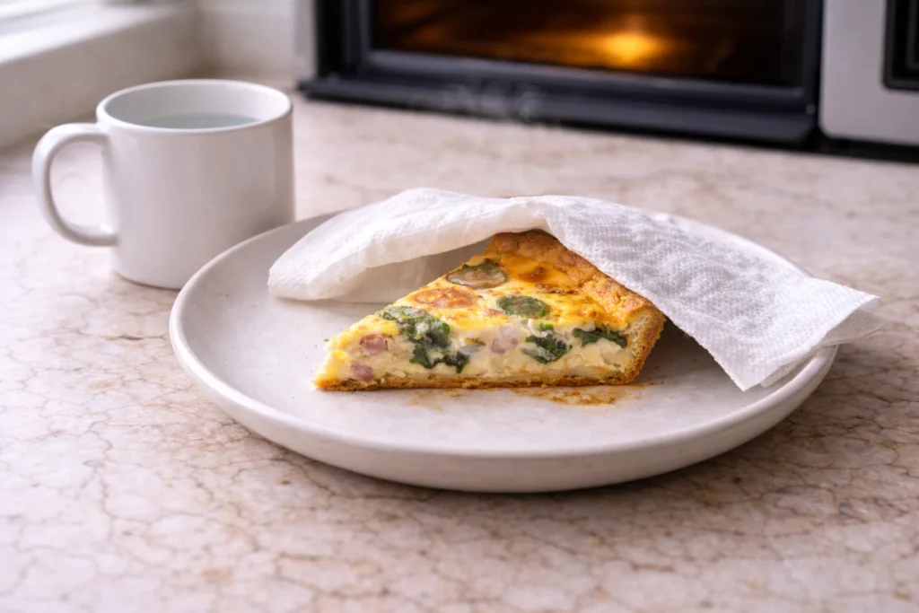 Quiche slice on a microwave-safe plate with a mug of water beside it to help reheat gently and reduce rubbery texture