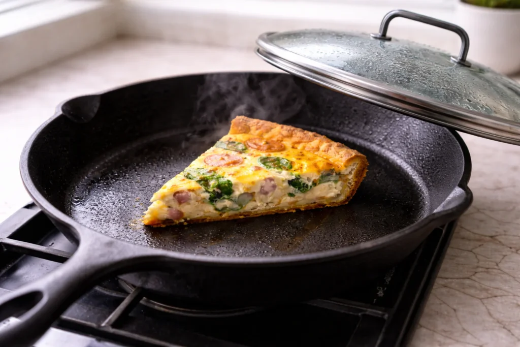 Quiche slice reheating in a skillet with a lid, crust bottom turning crisp and golden with light steam rising